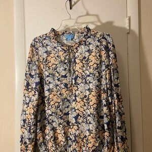 CeCe Navy Floral Tie-Neck Ruffle Blouse